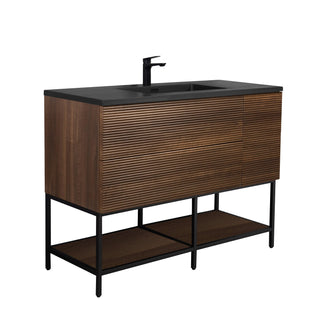 48" Walnut Wall Mount Single Sink Bathroom Vanity with Black Engineered Quartz Countertop