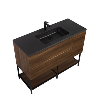 48" Walnut Wall Mount Single Sink Bathroom Vanity with Black Engineered Quartz Countertop