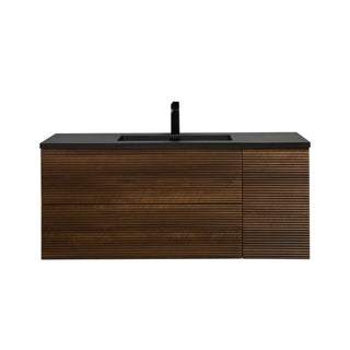 48" Walnut Wall Mount Single Sink Bathroom Vanity with Black Engineered Quartz Countertop