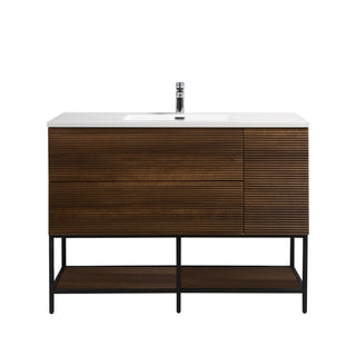 48" Walnut Wall Mount Single Sink Bathroom Vanity with White Polymarble Countertop