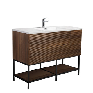 48" Walnut Wall Mount Single Sink Bathroom Vanity with White Polymarble Countertop