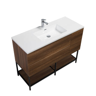 48" Walnut Wall Mount Single Sink Bathroom Vanity with White Polymarble Countertop