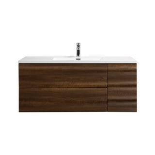 48" Walnut Wall Mount Single Sink Bathroom Vanity with White Polymarble Countertop