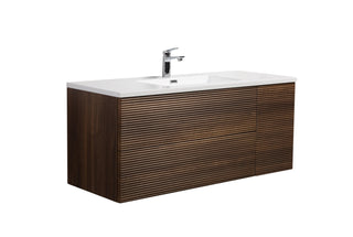 48" Walnut Wall Mount Single Sink Bathroom Vanity with White Polymarble Countertop