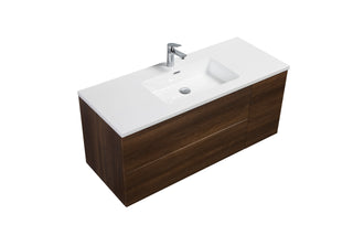 48" Walnut Wall Mount Single Sink Bathroom Vanity with White Polymarble Countertop