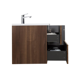 48" Walnut Wall Mount Single Sink Bathroom Vanity with White Polymarble Countertop