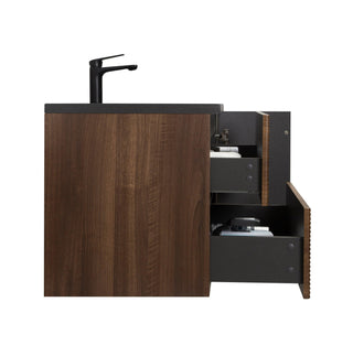 48" Walnut Wall Mount Single Sink Bathroom Vanity with Black Engineered Quartz Countertop