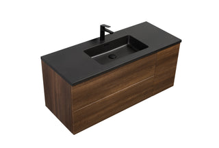 48" Walnut Wall Mount Single Sink Bathroom Vanity with Black Engineered Quartz Countertop