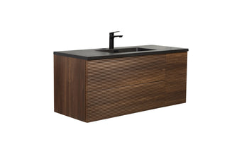 48" Walnut Wall Mount Single Sink Bathroom Vanity with Black Engineered Quartz Countertop