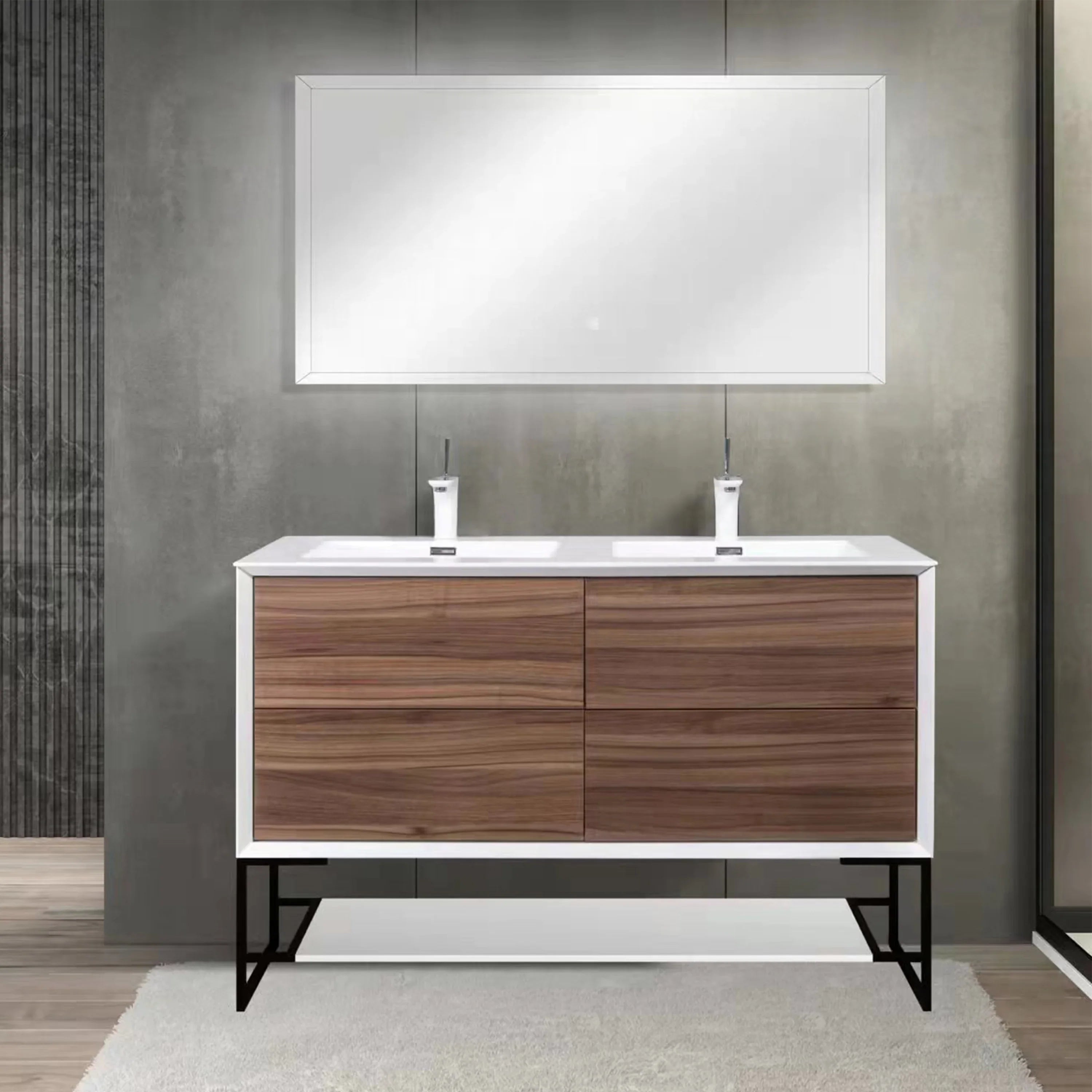 48" Walnut Wall Mount Double Sink Bathroom Vanity with White Polymarble Countertop