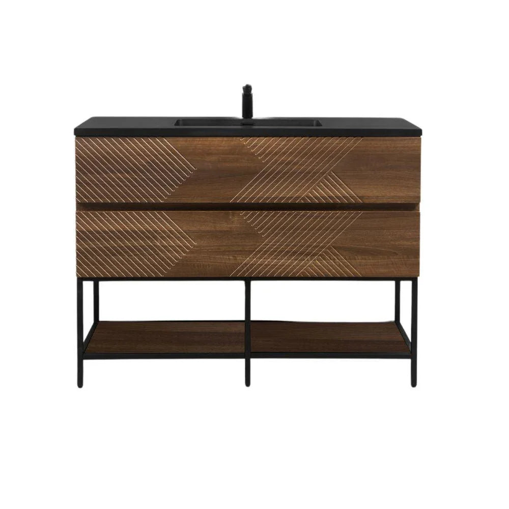 48" Walnut Wall Mount Single Sink Bathroom Vanity with Black Engineered Quartz Countertop