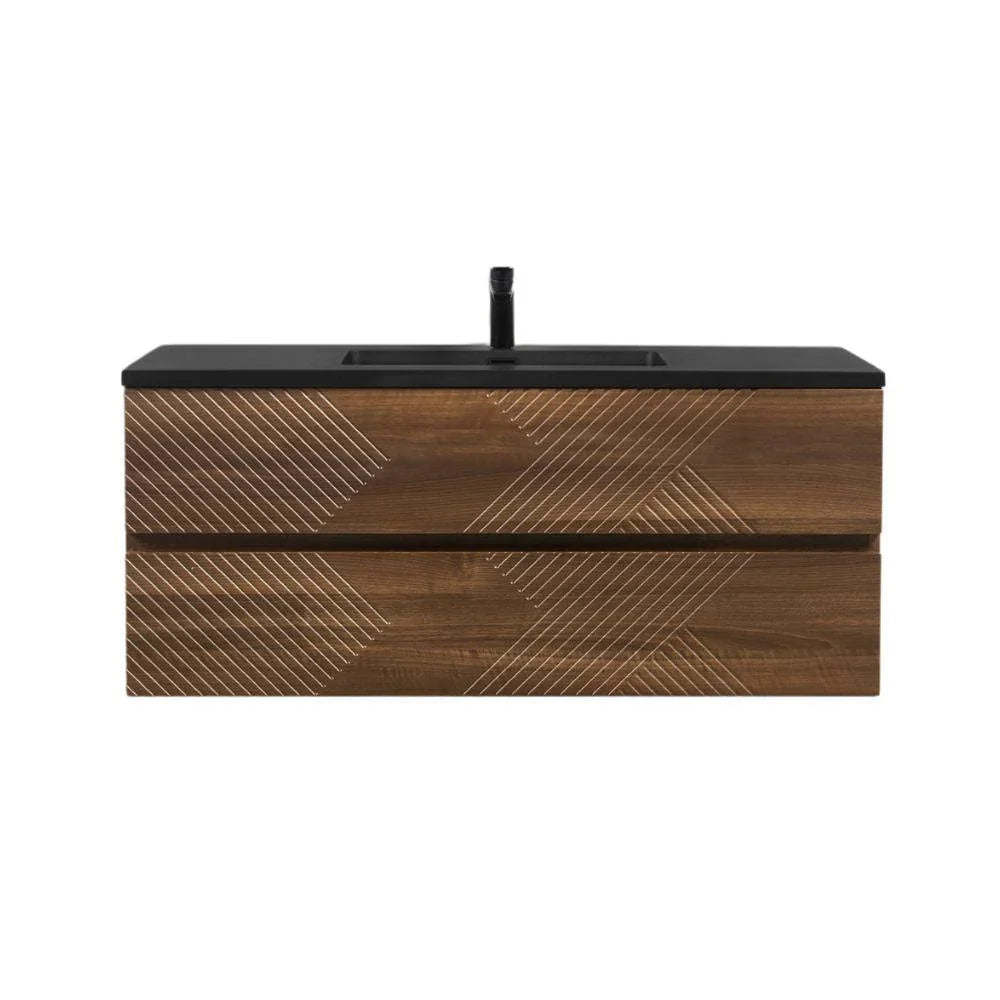 48" Walnut Wall Mount Single Sink Bathroom Vanity with Black Engineered Quartz Countertop