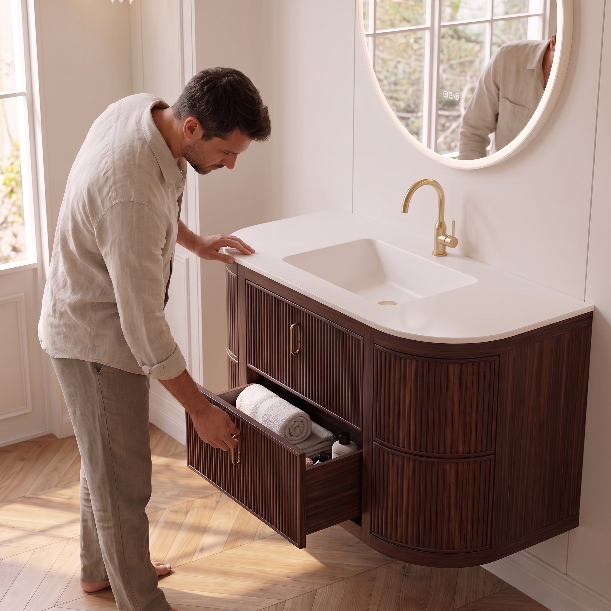 48" Walnut Curved Fluted Bathroom Vanity - Matte White Countertop