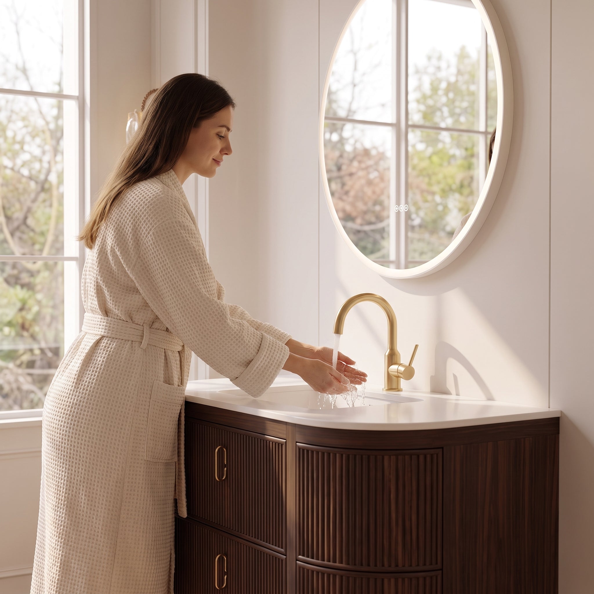 48" Walnut Curved Fluted Bathroom Vanity - Matte White Countertop