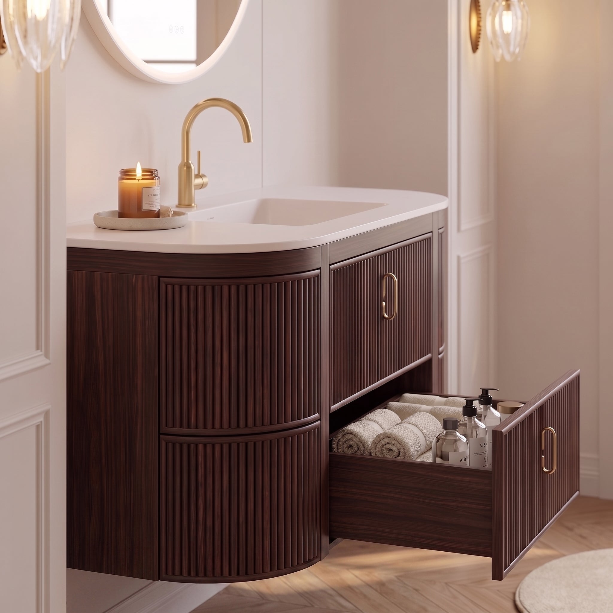 48" Walnut Curved Fluted Bathroom Vanity - Matte White Countertop