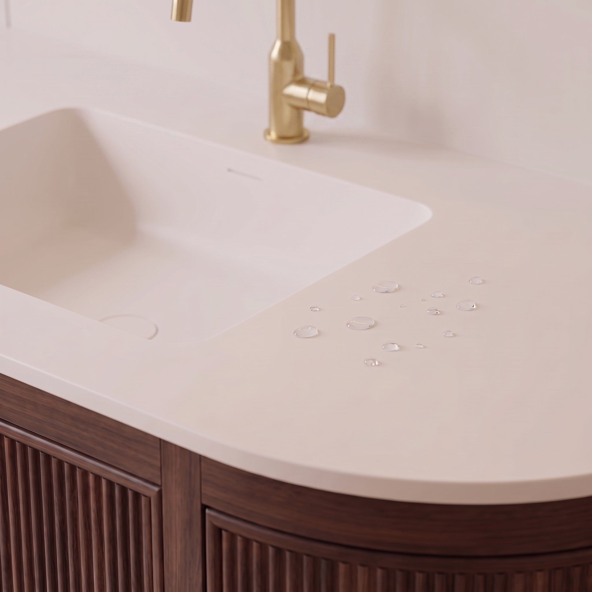 48" Walnut Curved Fluted Bathroom Vanity - Matte White Countertop