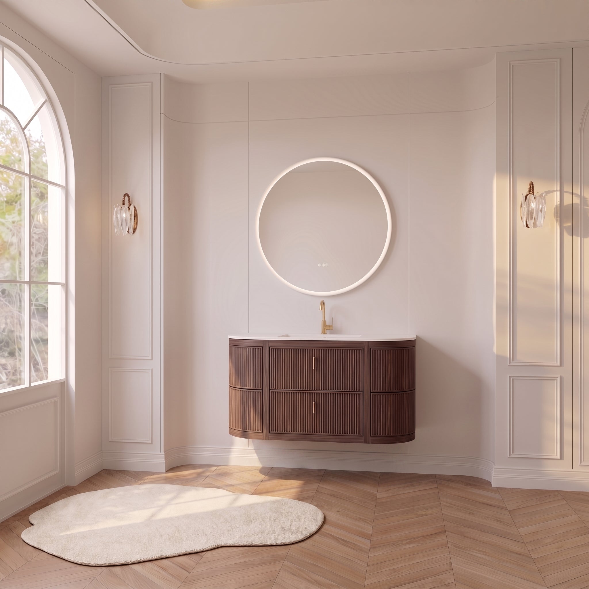 48" Walnut Curved Fluted Bathroom Vanity - Matte White Countertop