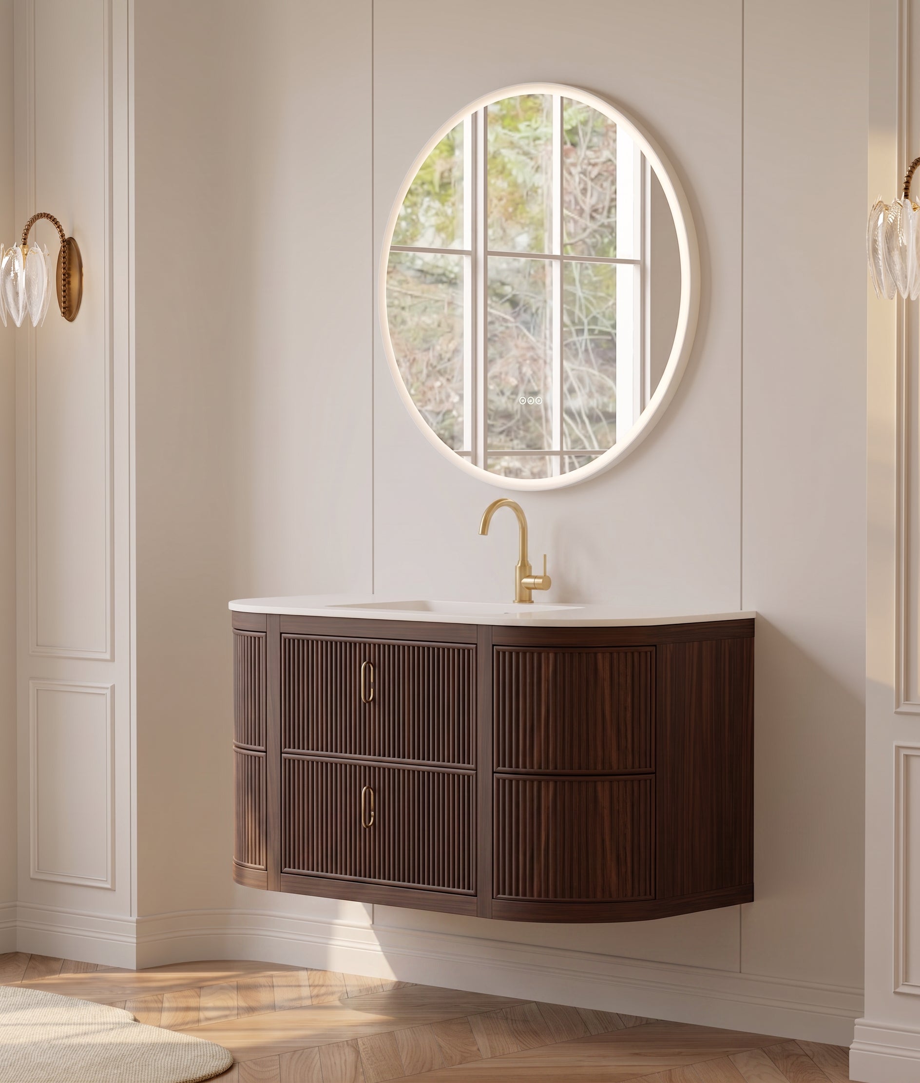 48" Walnut Curved Fluted Bathroom Vanity - Matte White Countertop