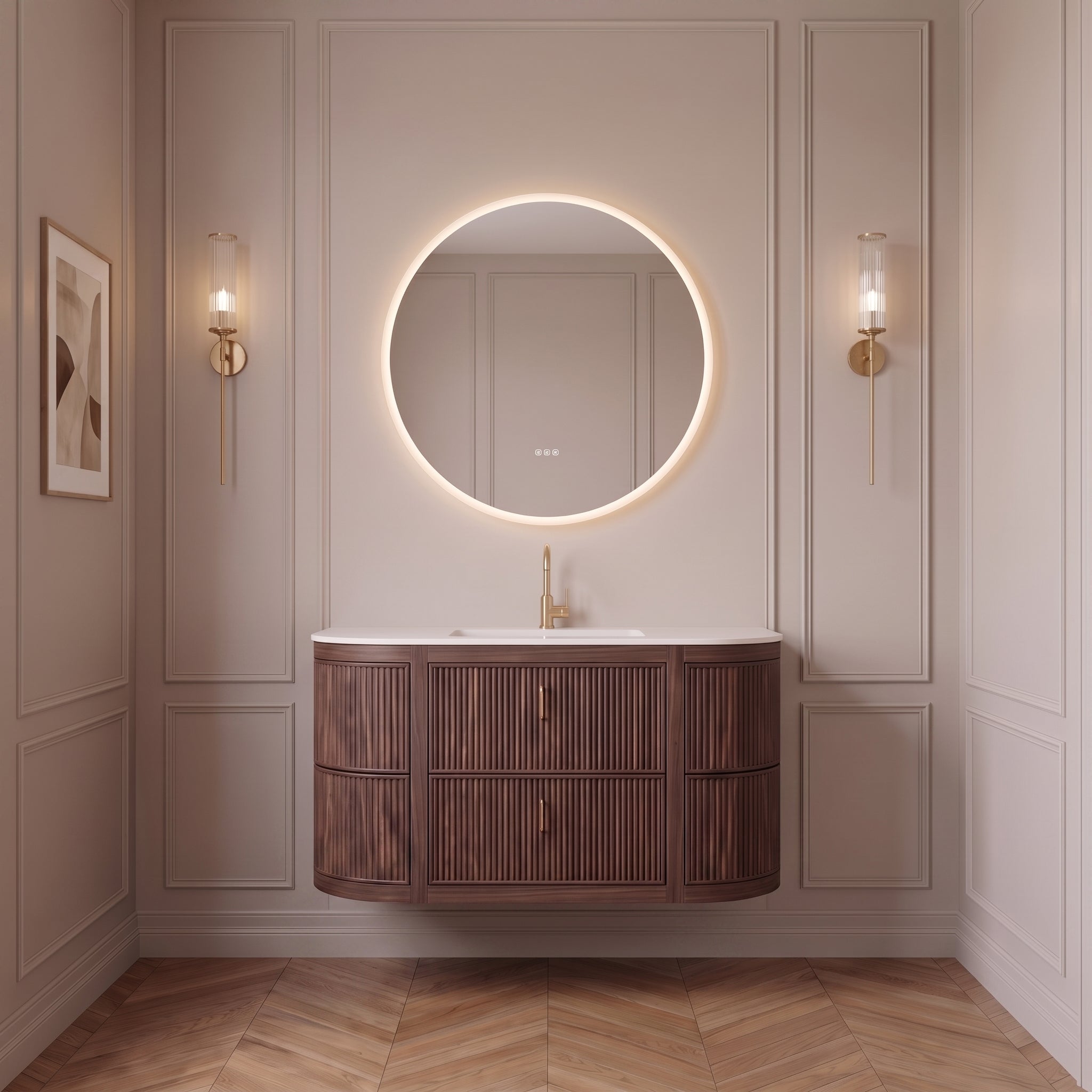 48" Walnut Curved Fluted Bathroom Vanity - Matte White Countertop
