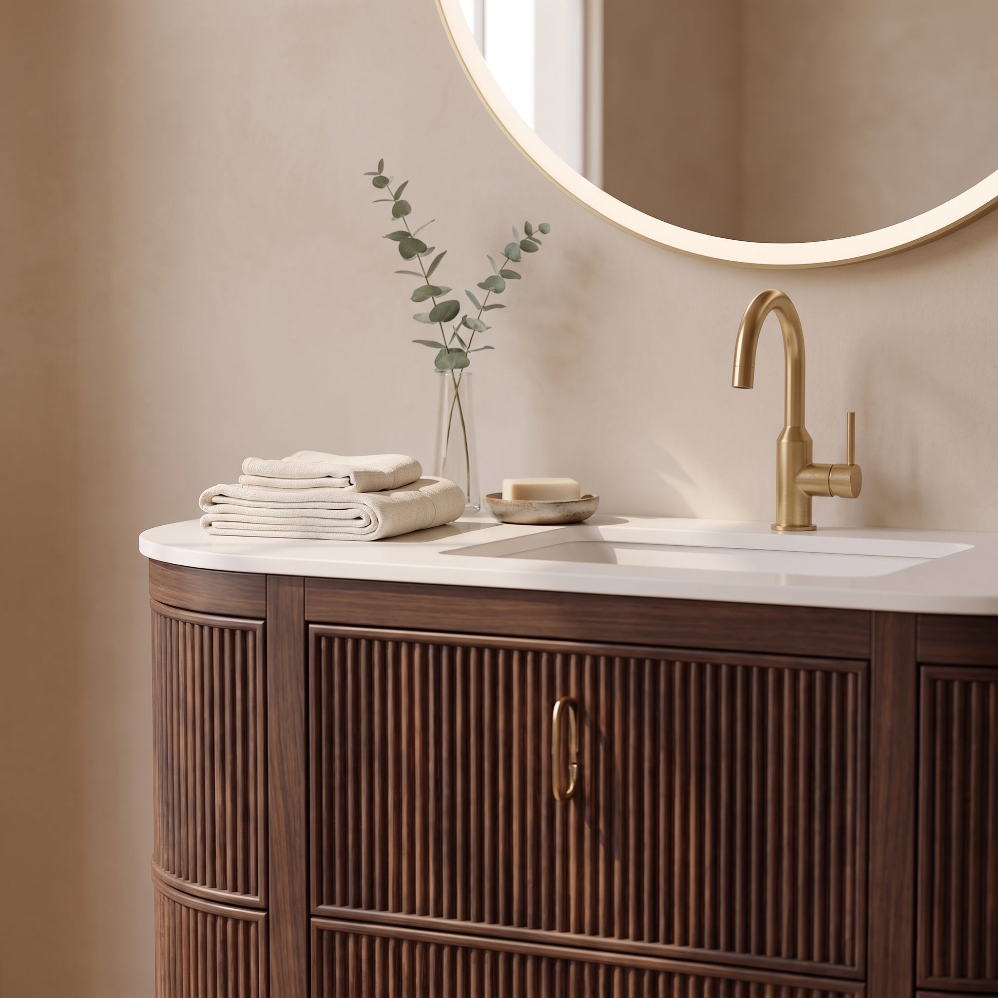 48" Walnut Curved Fluted Bathroom Vanity - Matte White Countertop