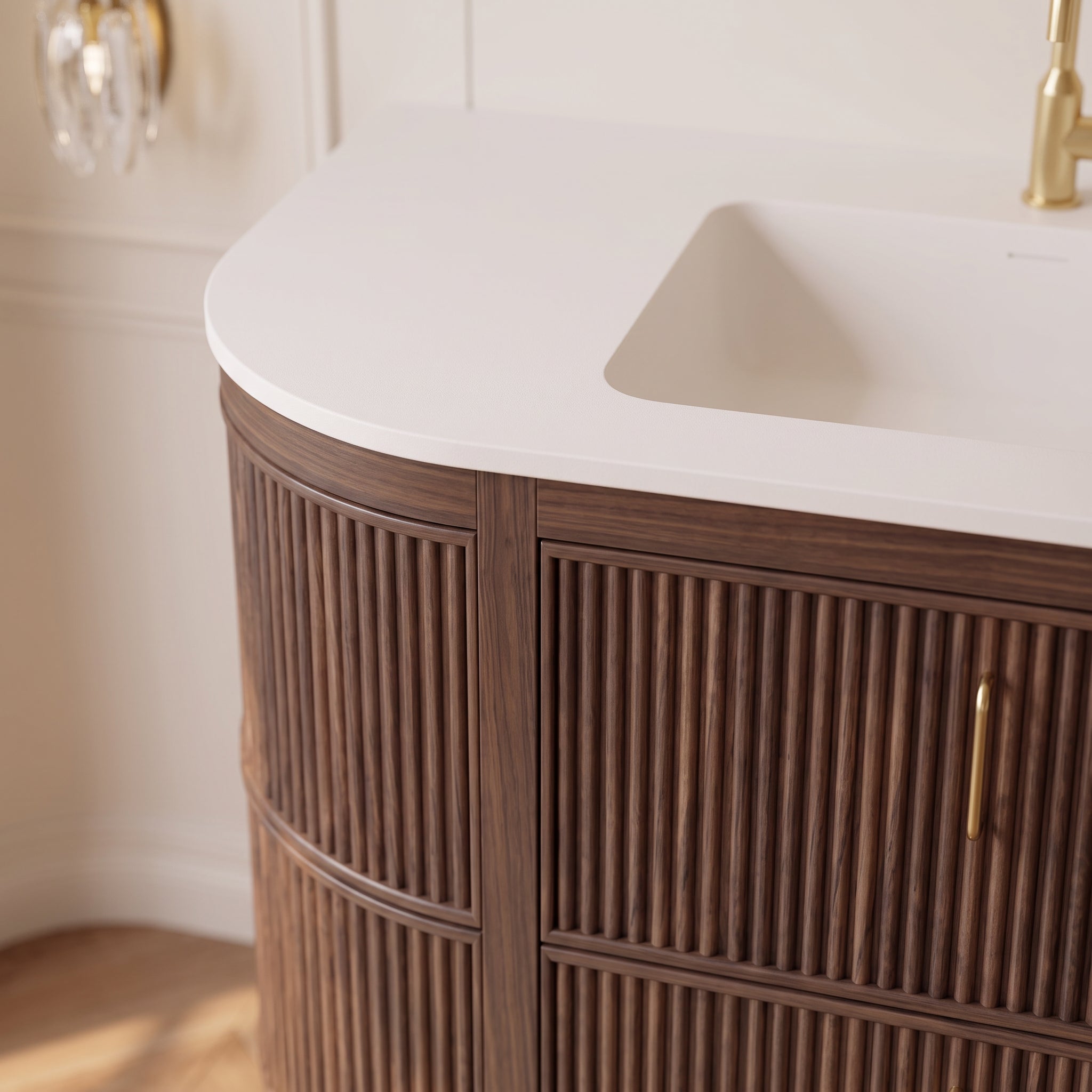 48" Walnut Curved Fluted Bathroom Vanity - Matte White Countertop