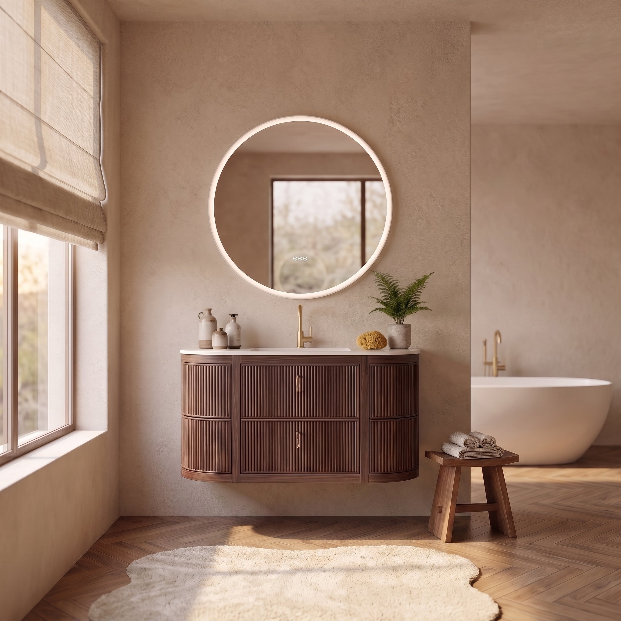Meuble-lavabo incurvé et cannelé de 48 po en noyer pour salle de bain - dessus blanc mat