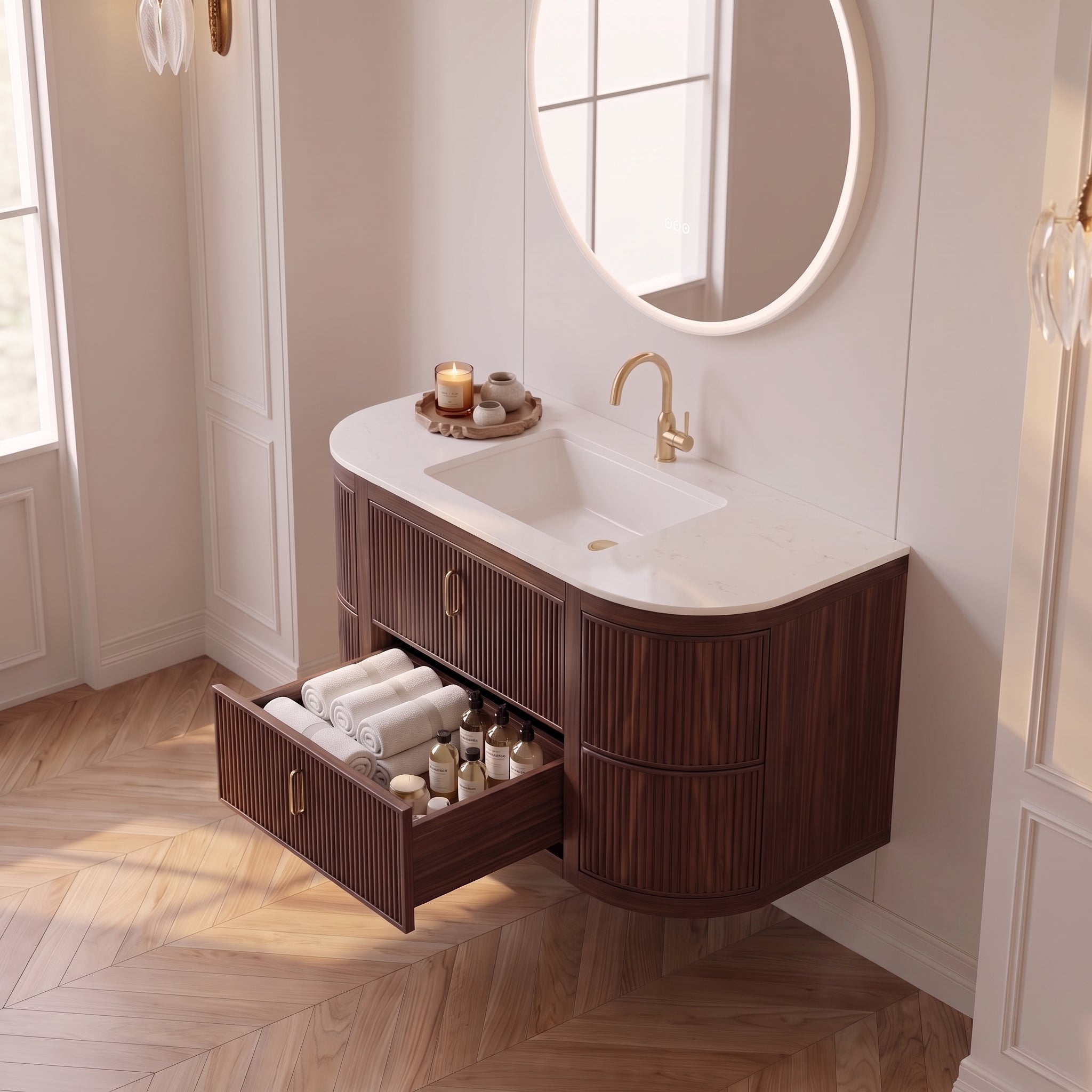 48" Walnut Curved Fluted Bathroom Vanity - Matte White Countertop