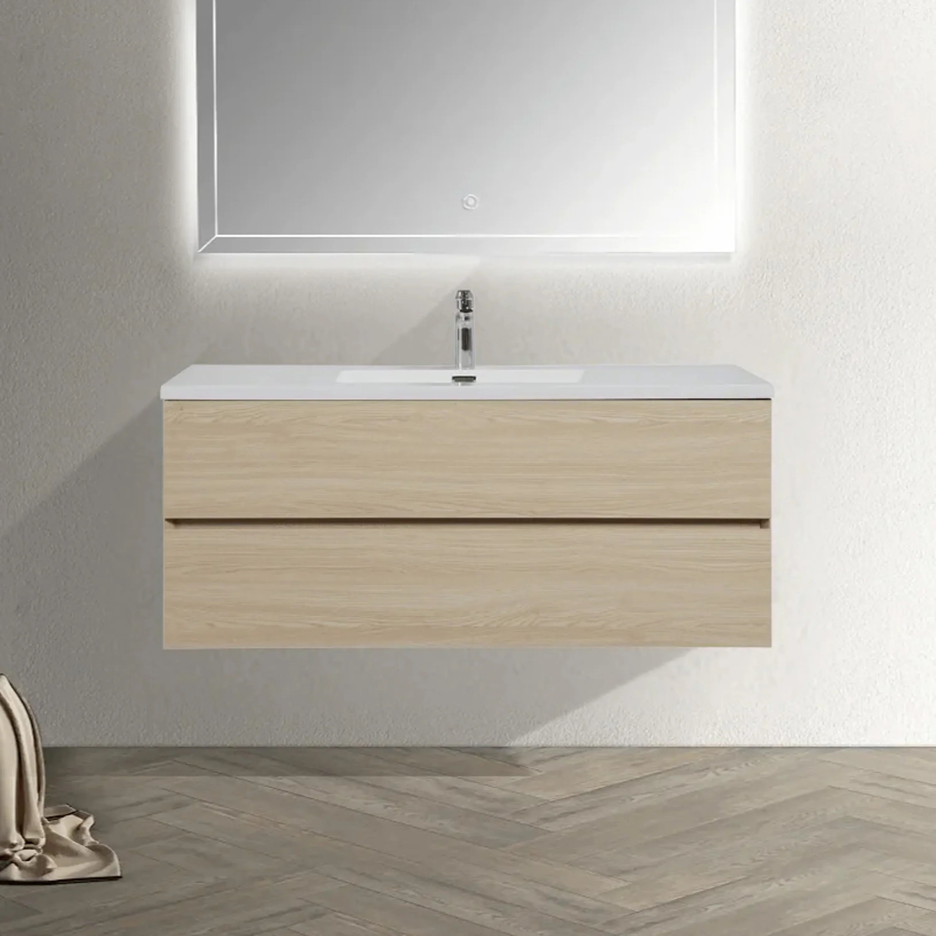 48" Wheat Wall-Mount Single Sink Bathroom Vanity with White Polymarble Countertop