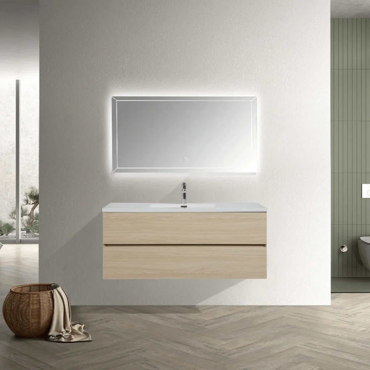 48" Wheat Wall-Mount Single Sink Bathroom Vanity with White Polymarble Countertop