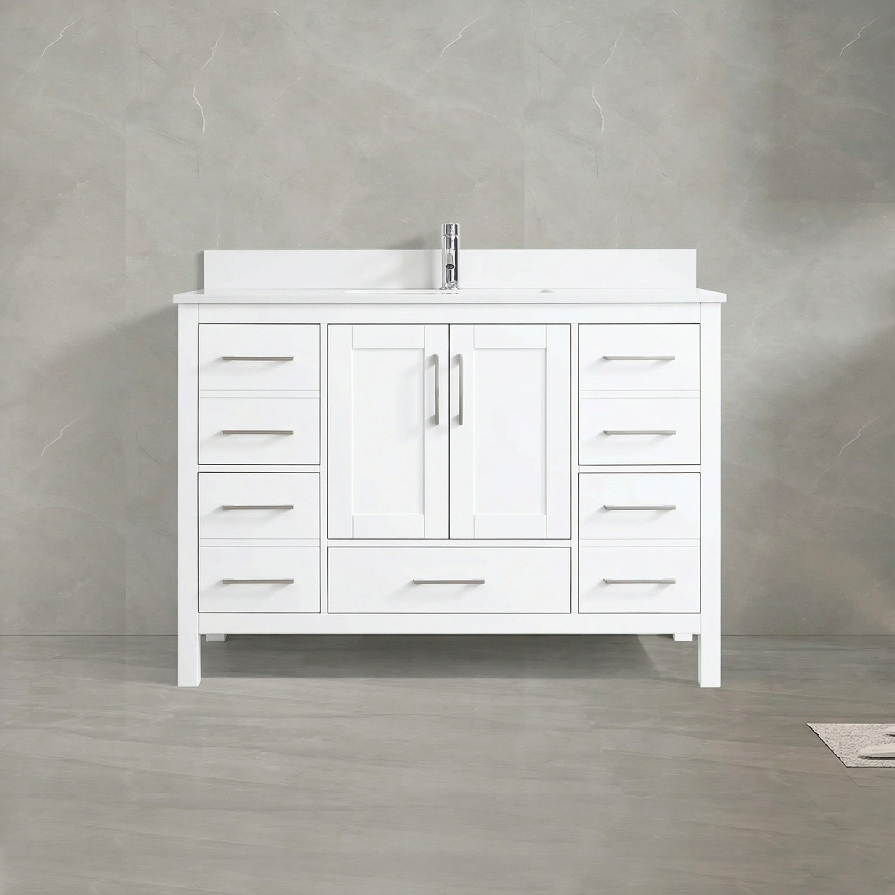 48" White Freestanding Single Sink Bathroom Vanity with Engineered White Marble Countertop