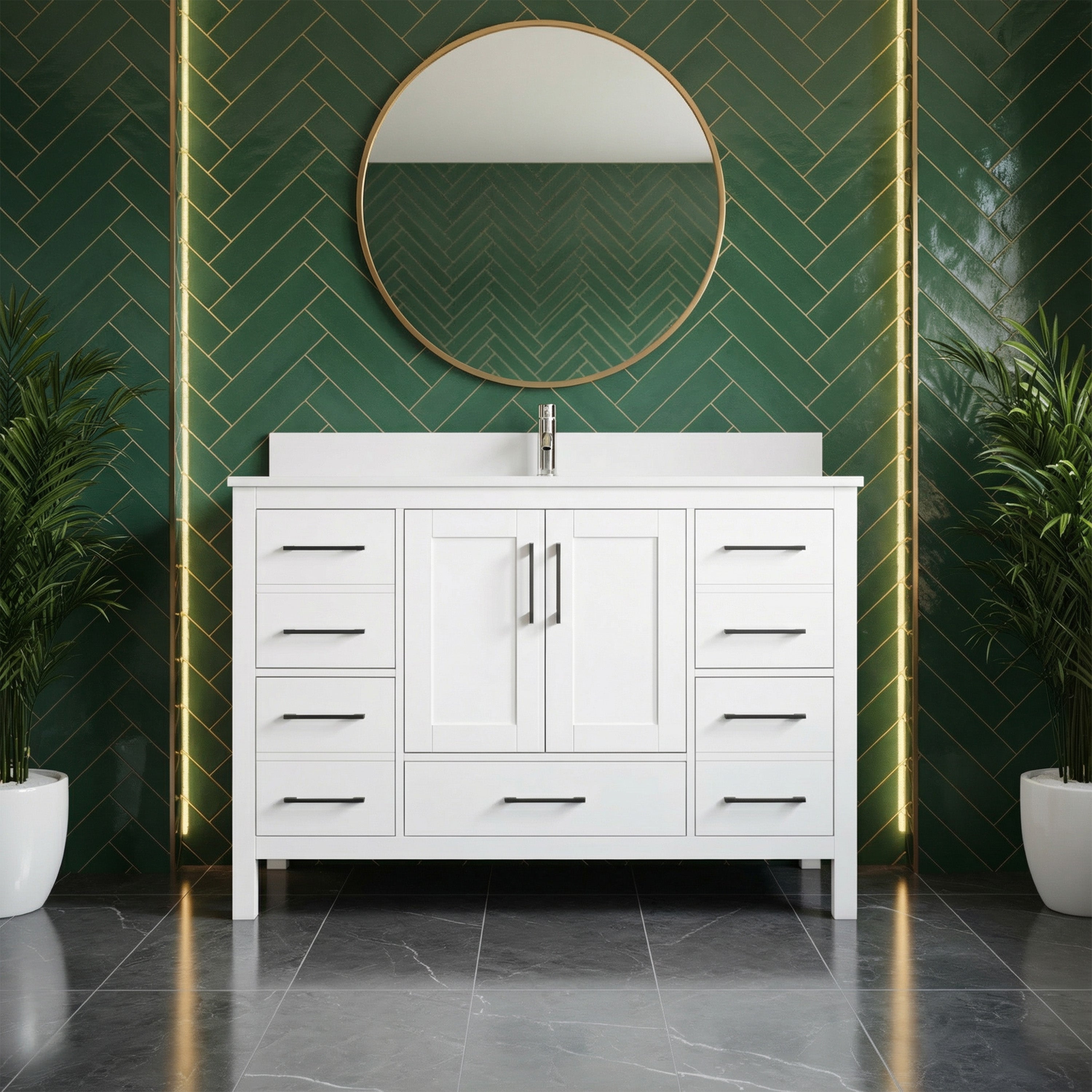 48" White Freestanding Single Sink Bathroom Vanity with Engineered White Marble Countertop