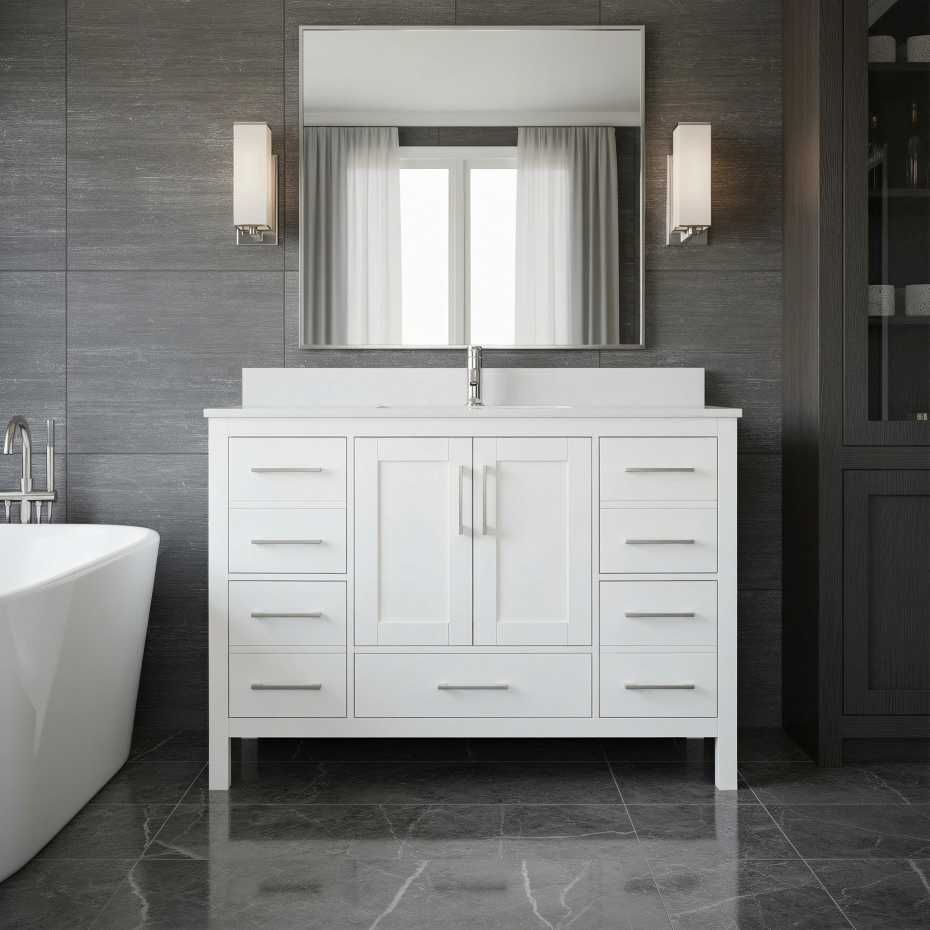 48" White Freestanding Single Sink Bathroom Vanity with Engineered White Marble Countertop