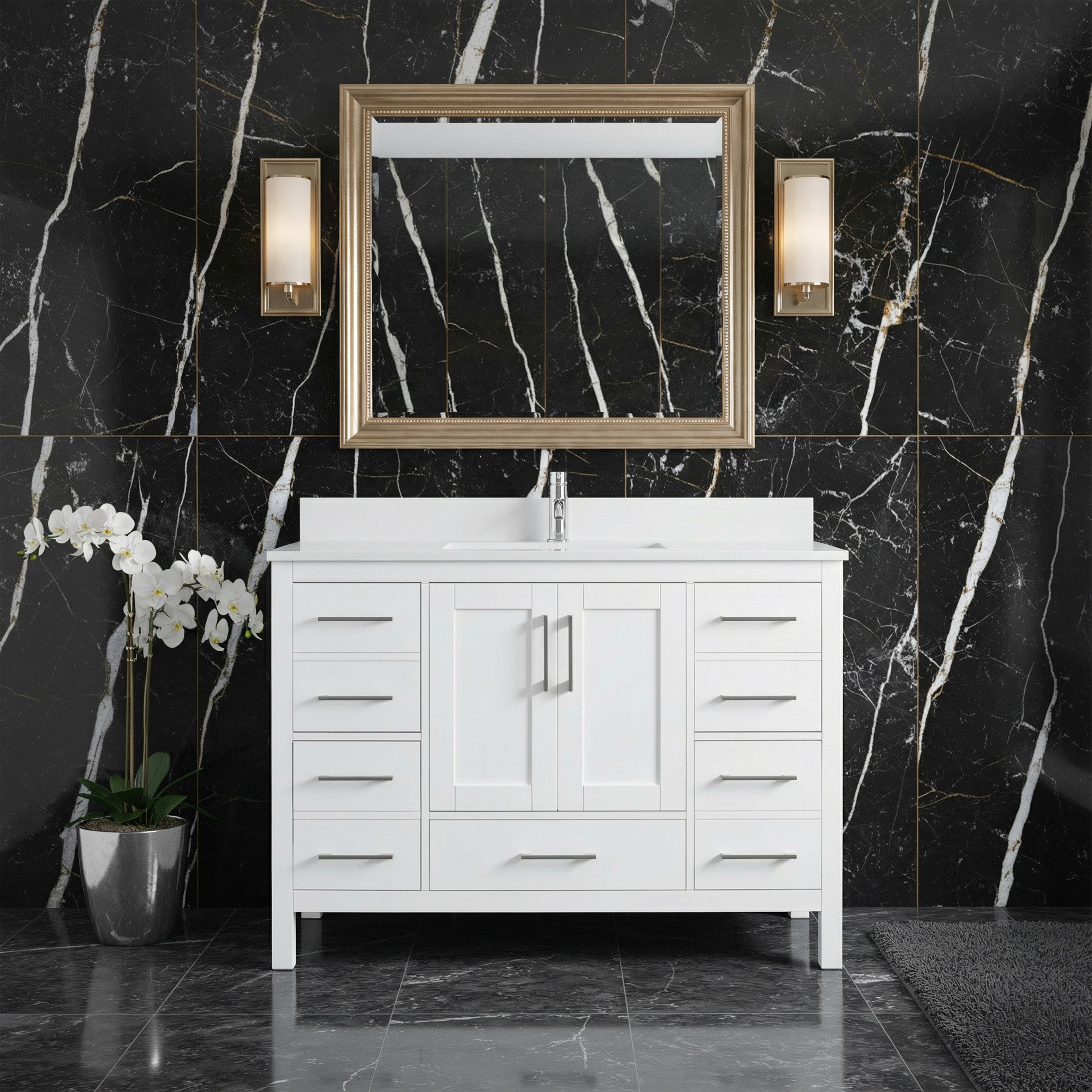 48" White Freestanding Single Sink Bathroom Vanity with Engineered White Marble Countertop