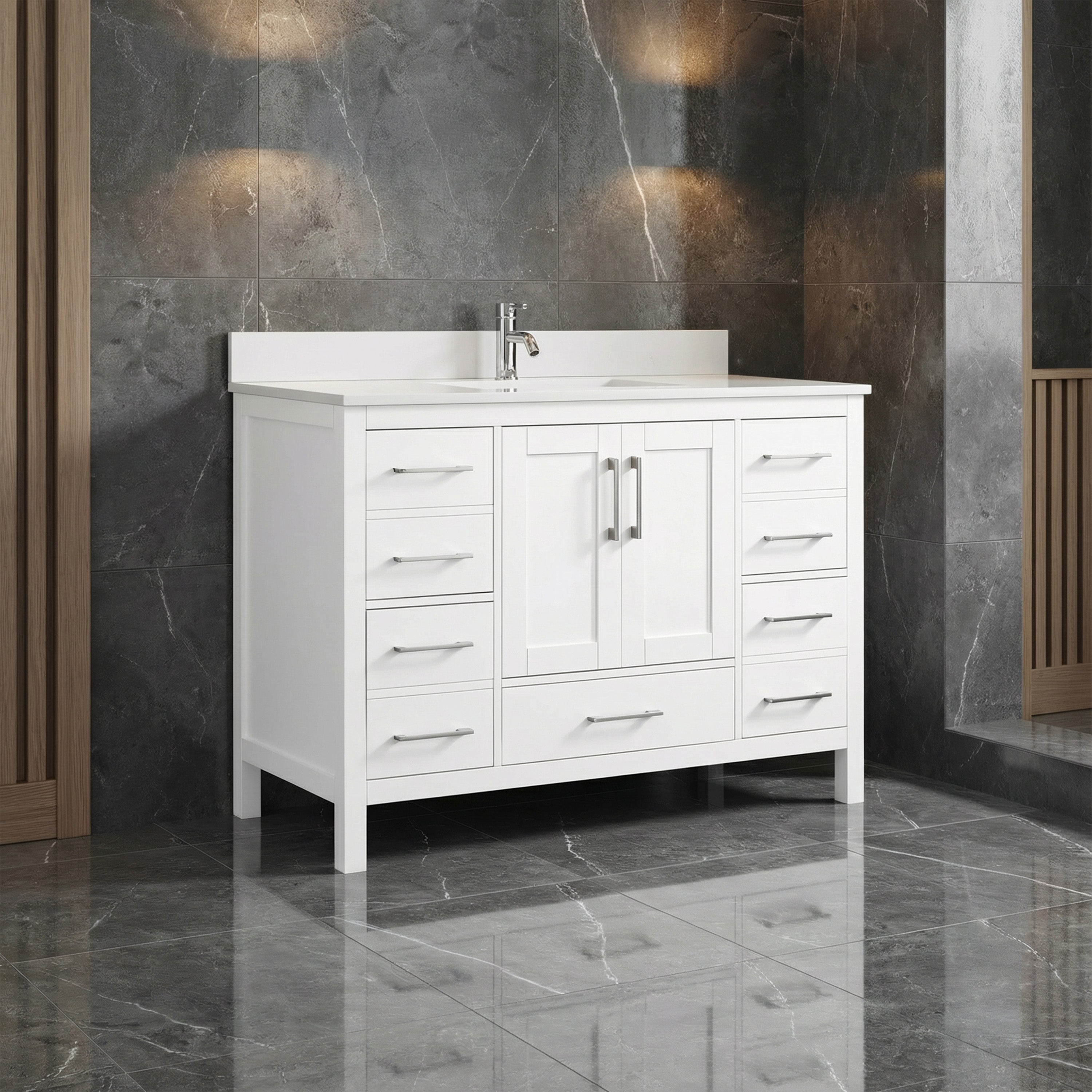 48" White Freestanding Single Sink Bathroom Vanity with Engineered White Marble Countertop