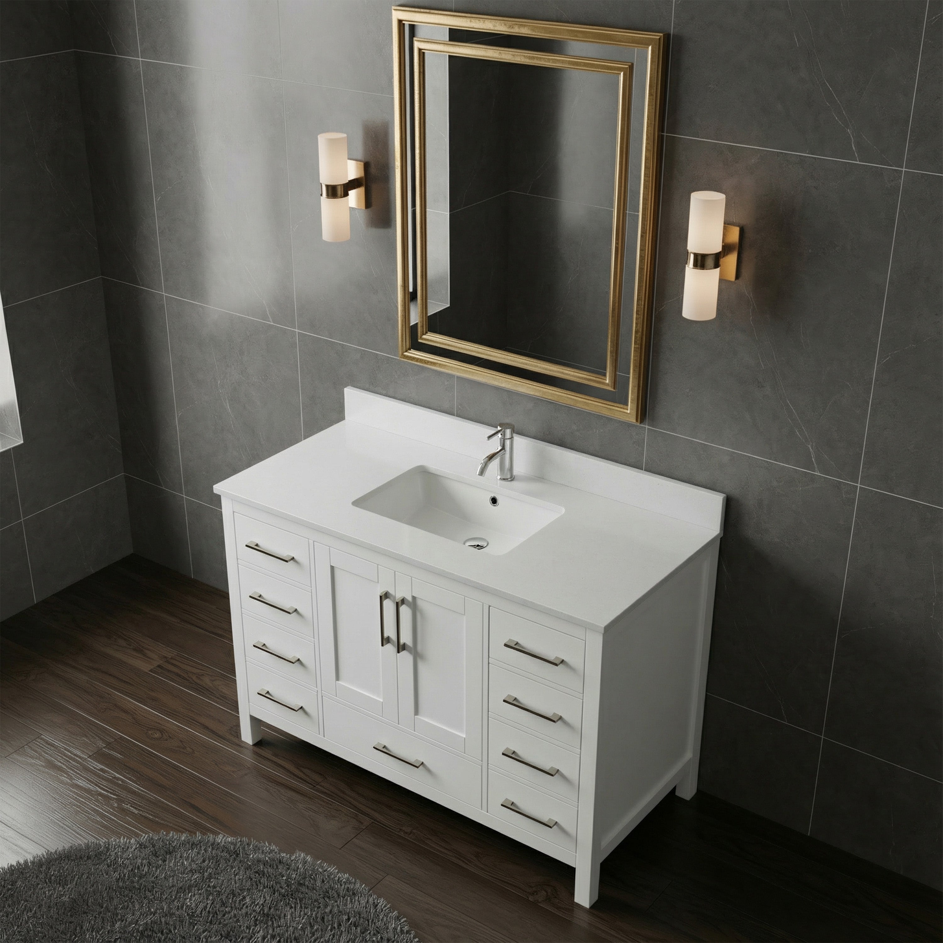 48" White Freestanding Single Sink Bathroom Vanity with Engineered White Marble Countertop