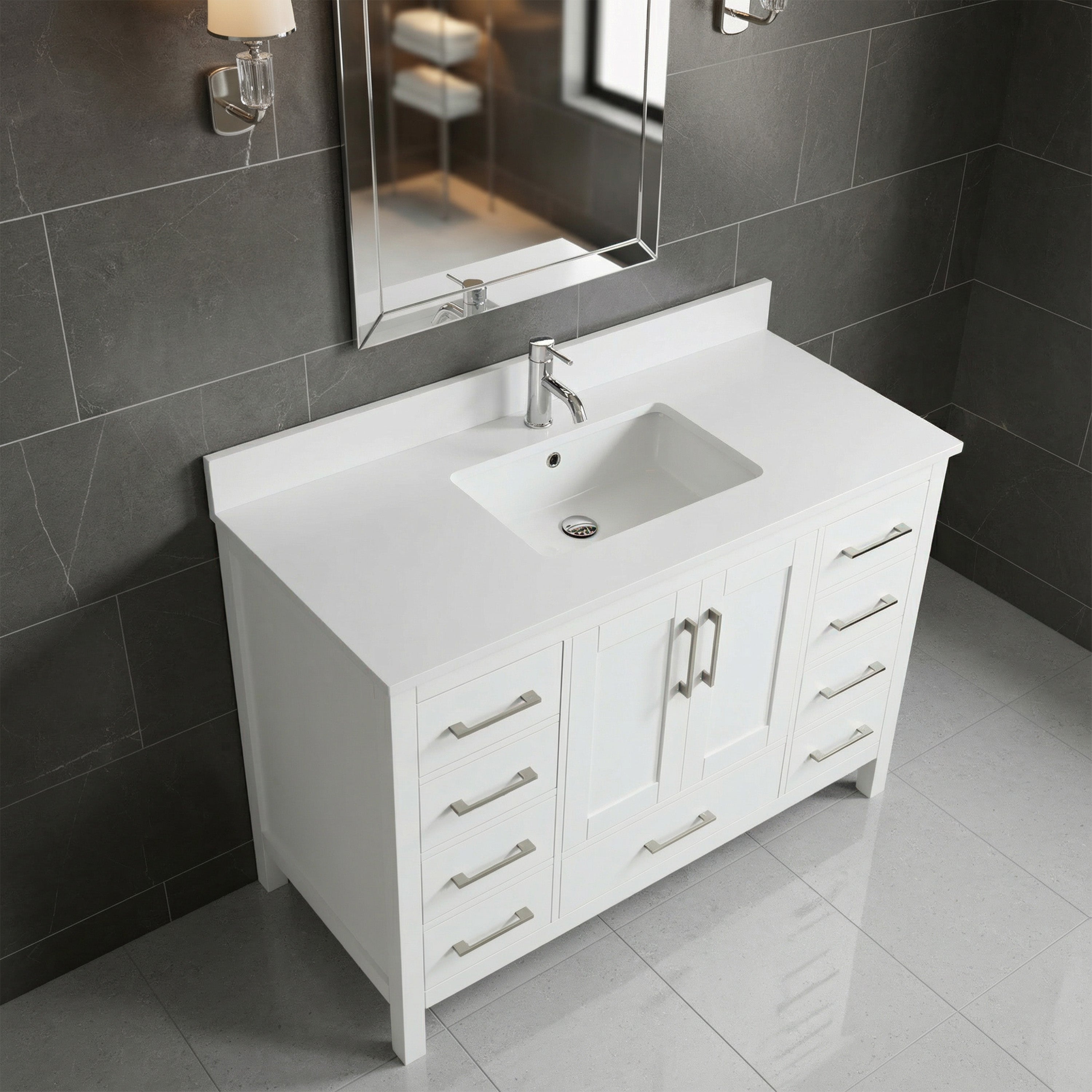 48" White Freestanding Single Sink Bathroom Vanity with Engineered White Marble Countertop