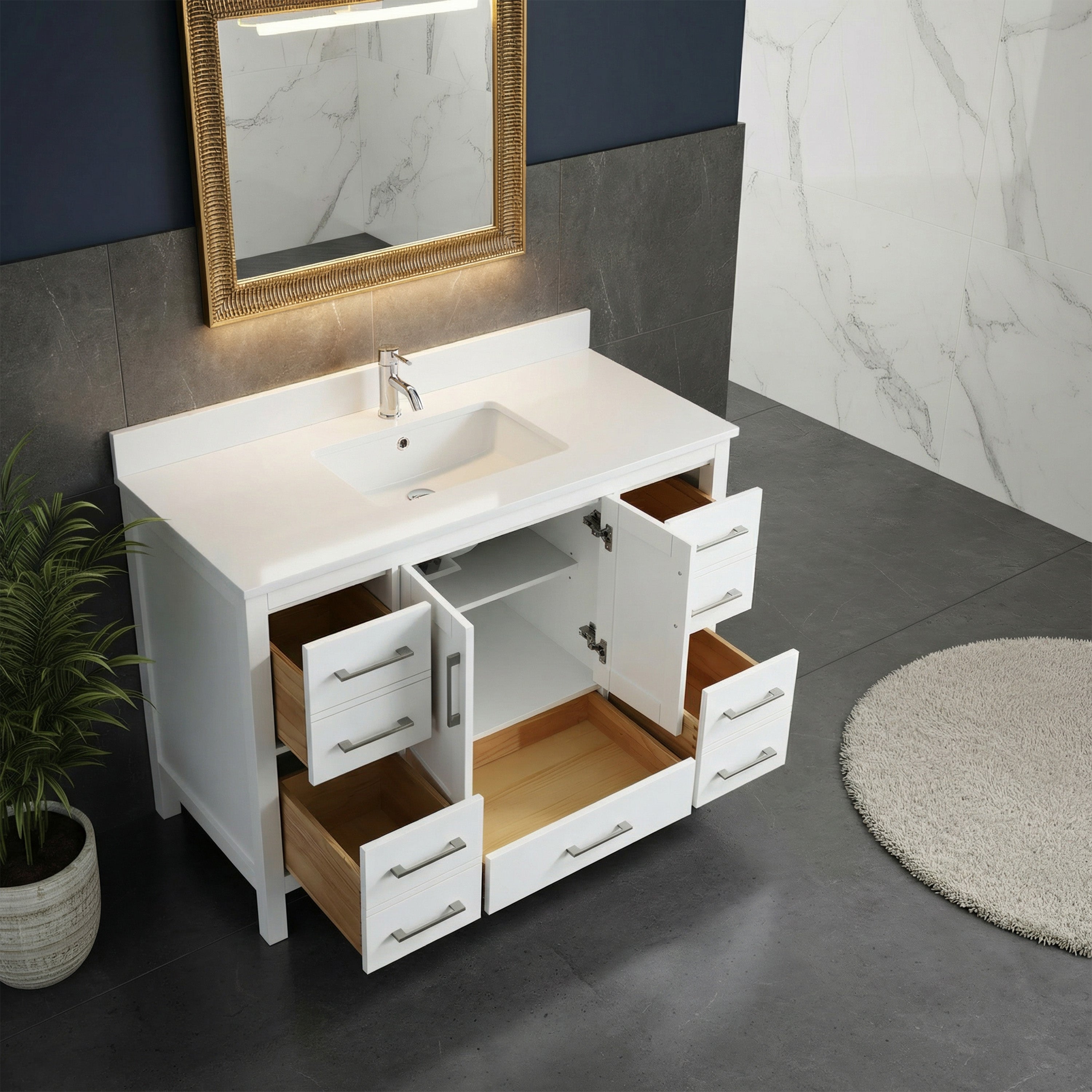 48" White Freestanding Single Sink Bathroom Vanity with Engineered White Marble Countertop