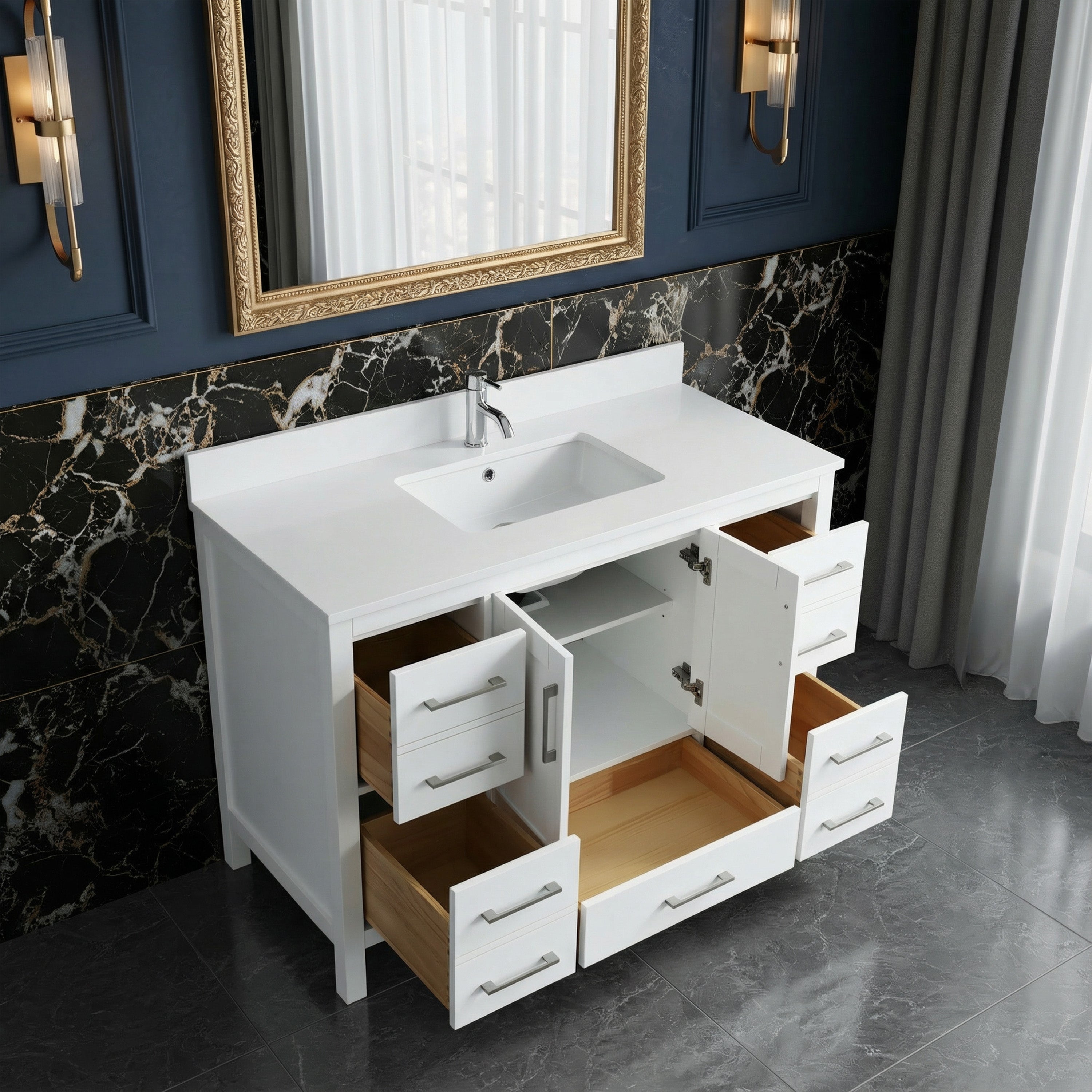 48" White Freestanding Single Sink Bathroom Vanity with Engineered White Marble Countertop