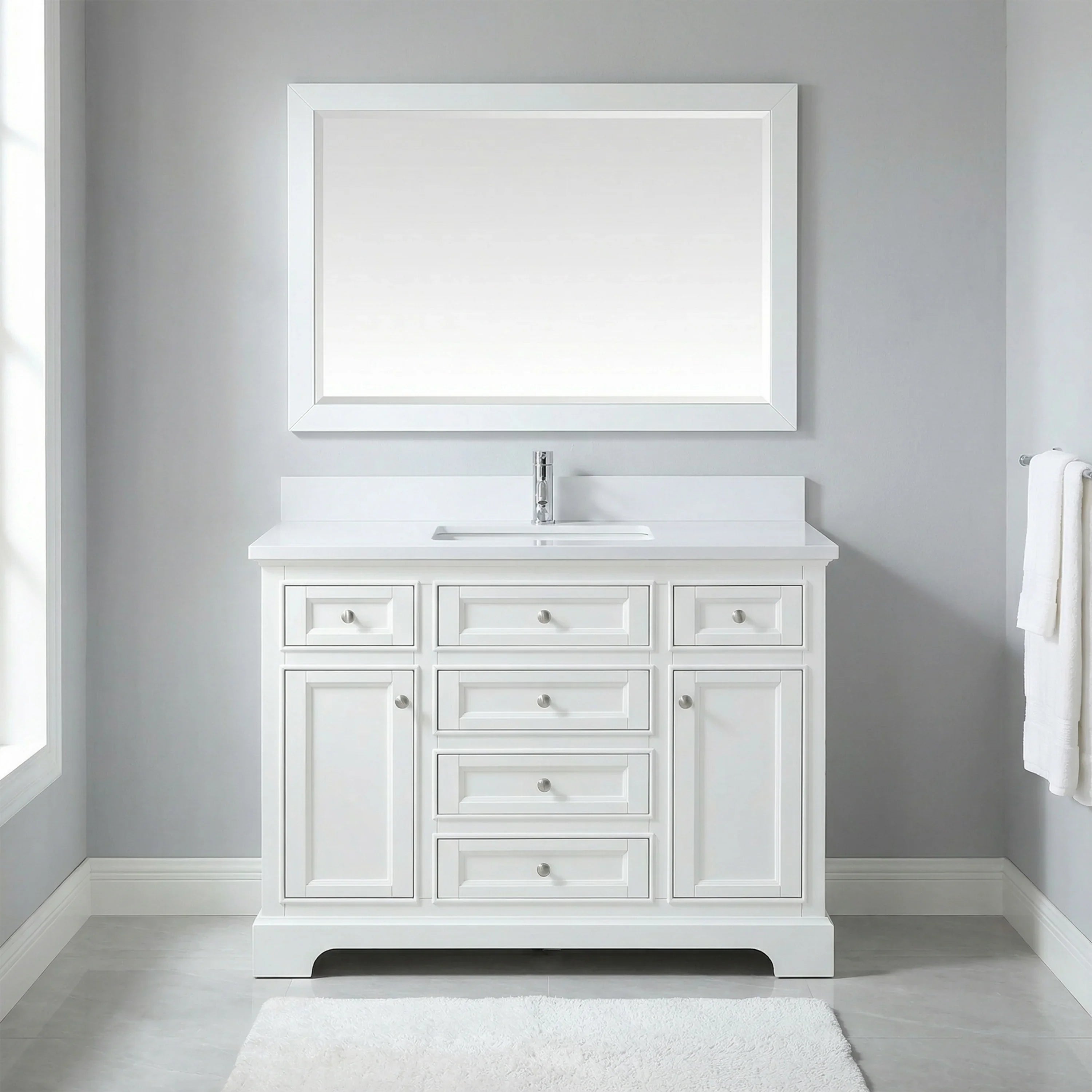 48" White Freestanding Bathroom Vanity with Engineered White Marble Countertop