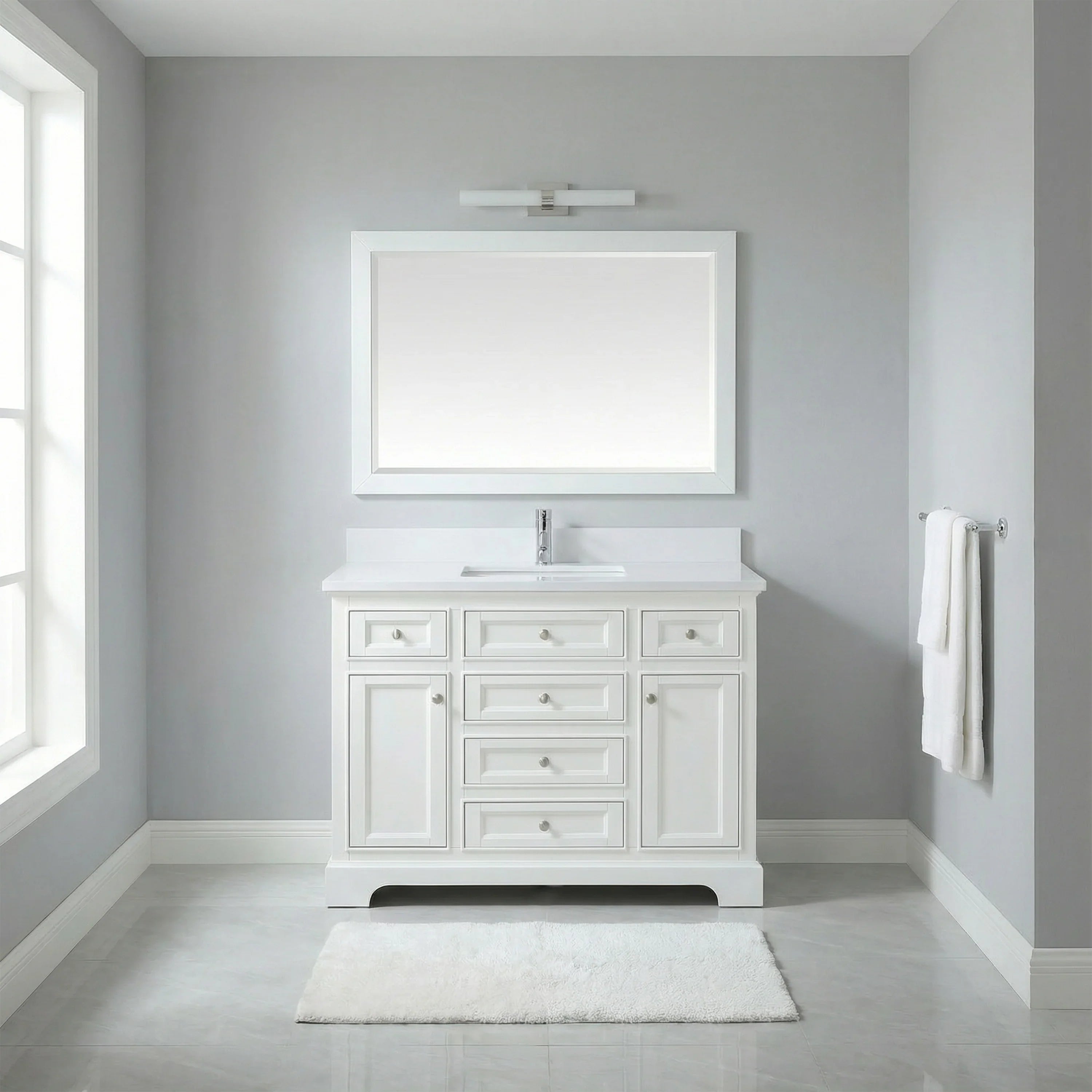 48" White Freestanding Bathroom Vanity with Engineered White Marble Countertop