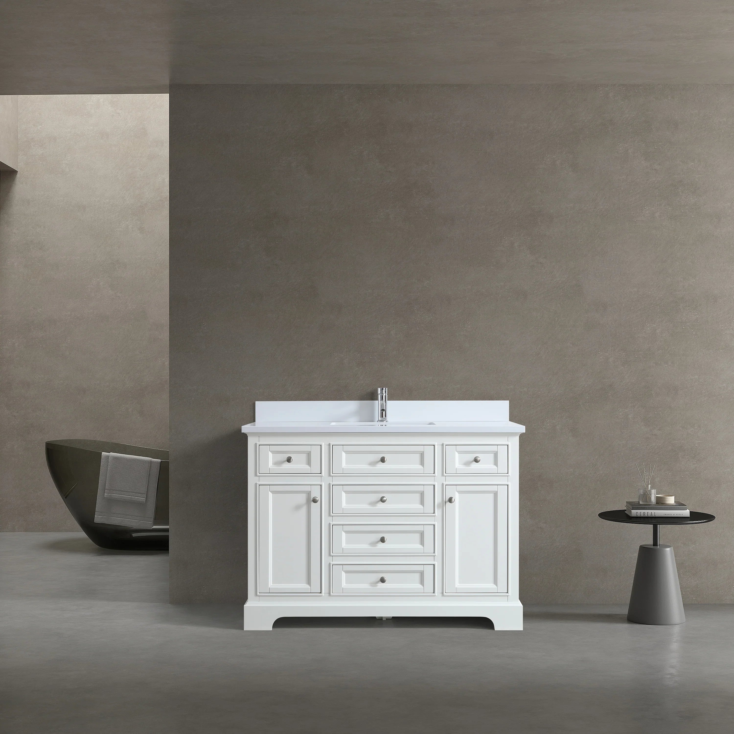 48" White Freestanding Bathroom Vanity with Engineered White Marble Countertop