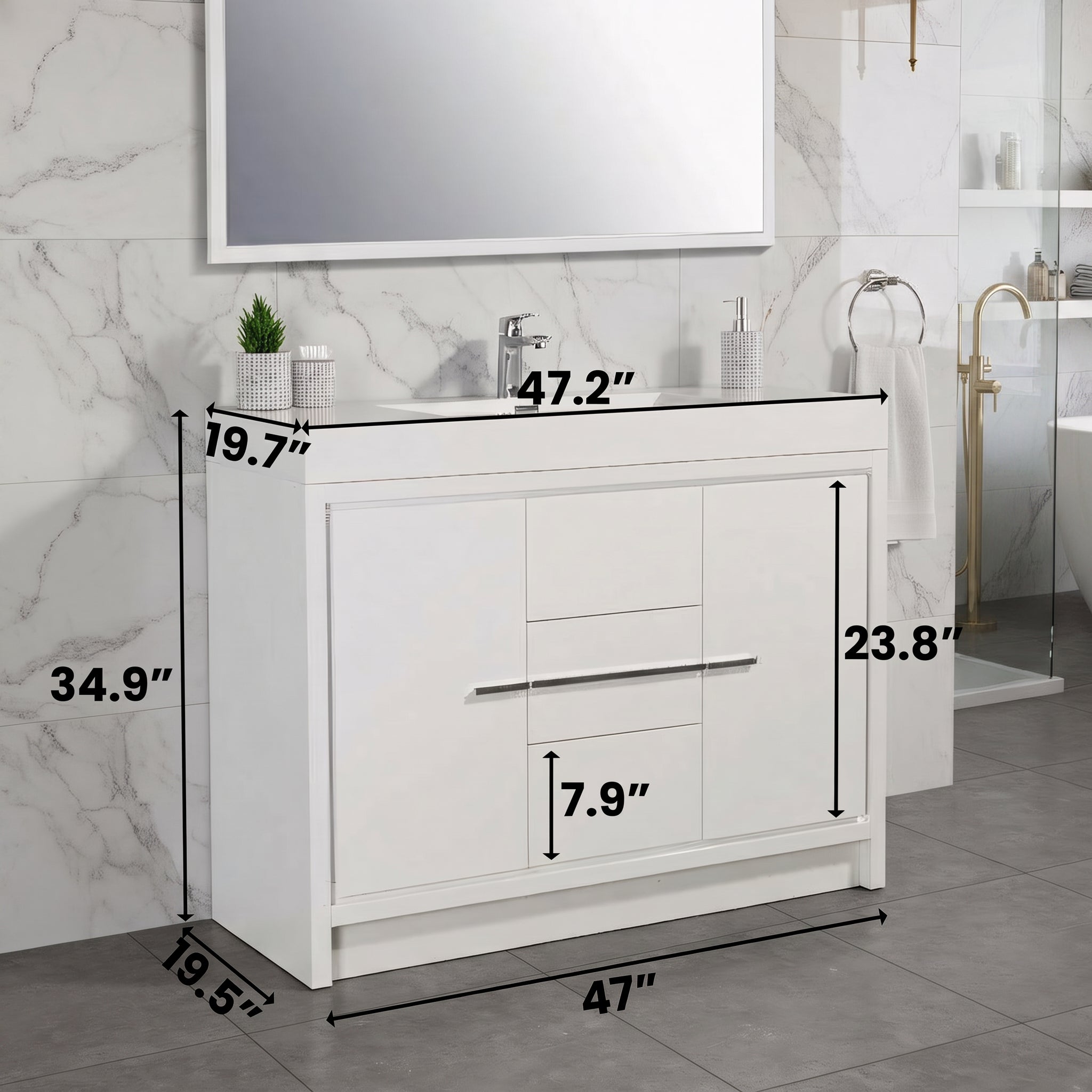 48" Glossy White Freestanding Single Sink Bathroom Vanity with White Polymarble Countertop
