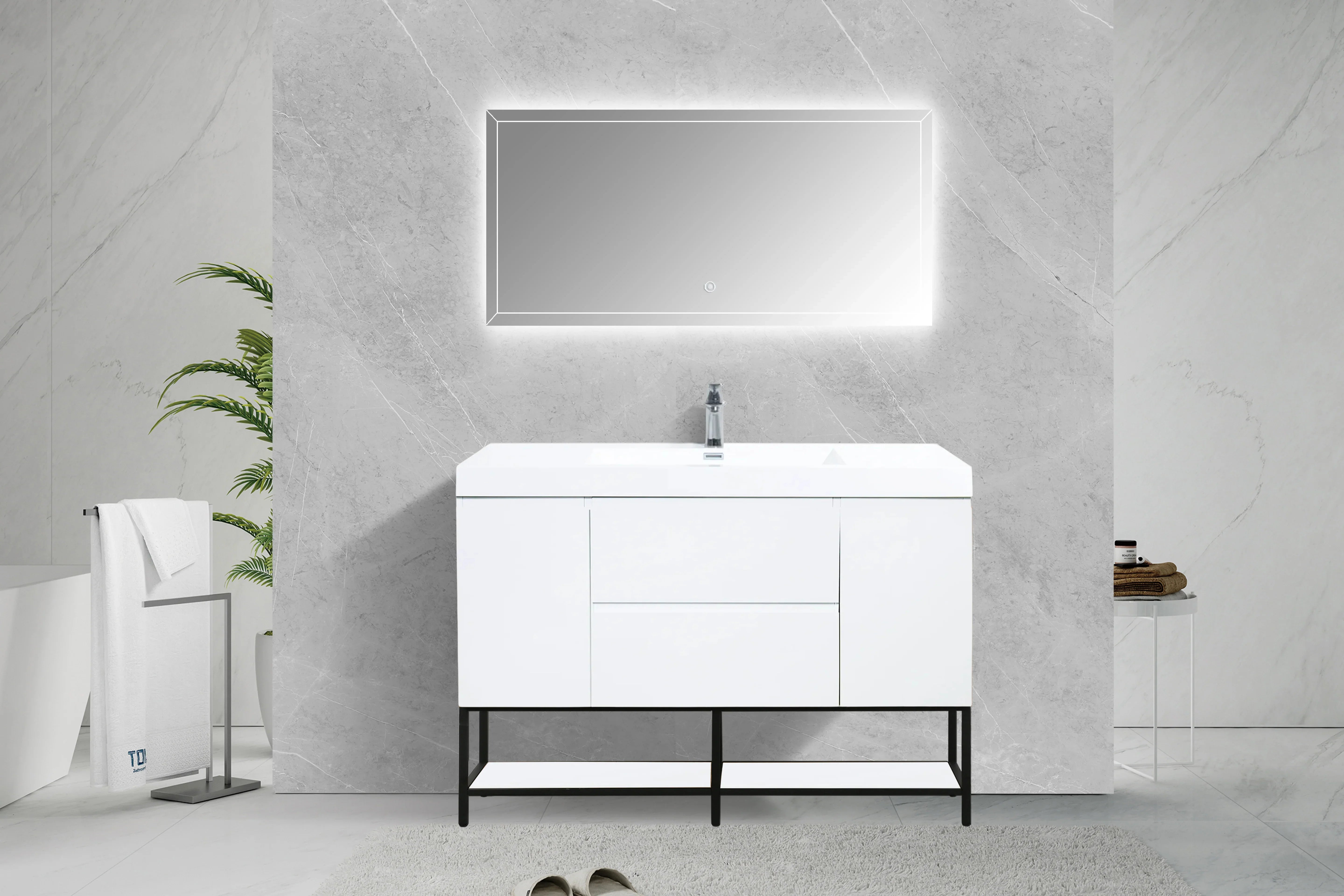 48" Glossy White Wall Mount Single Sink Bathroom Vanity with White Polymarble Countertop