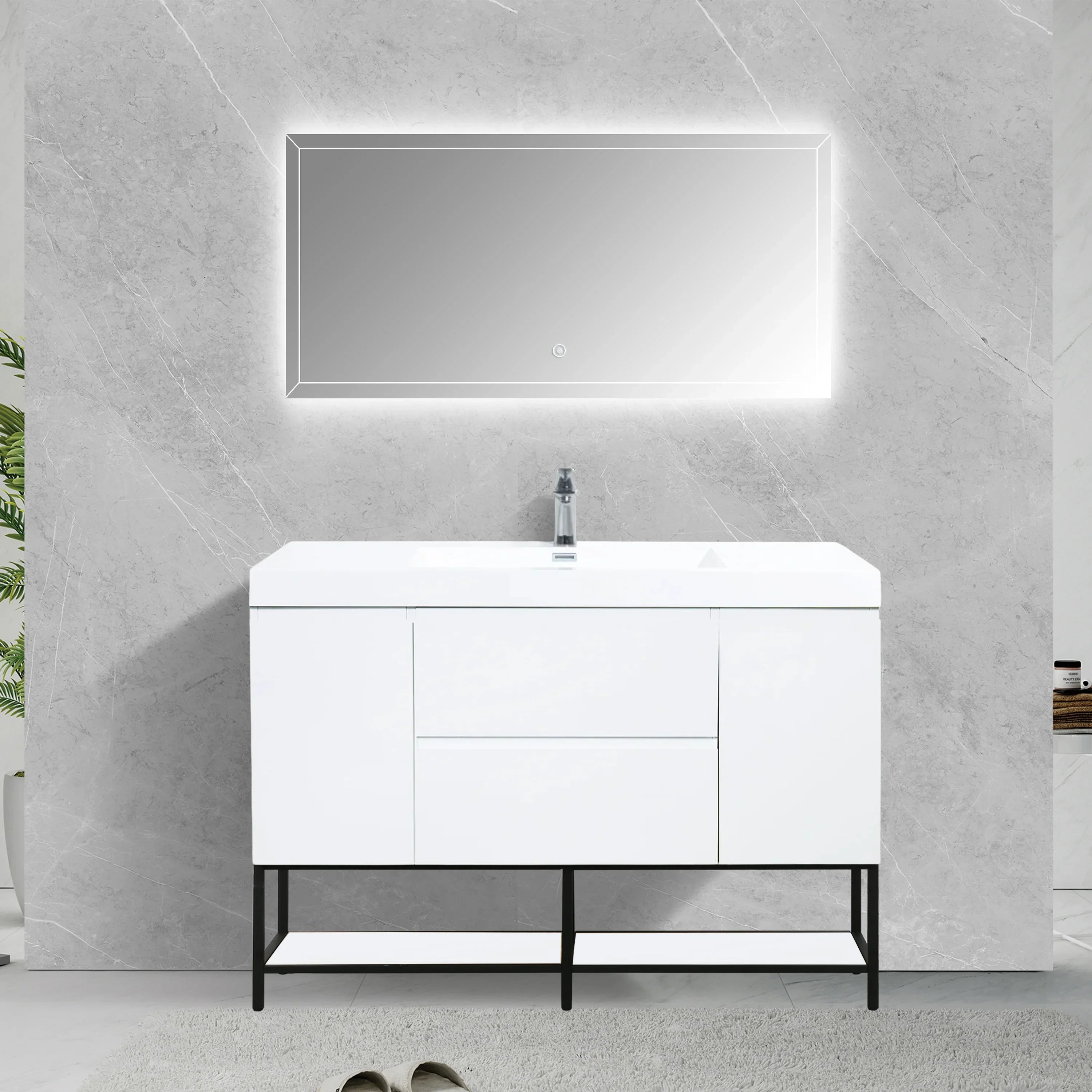 48" Glossy White Wall Mount Single Sink Bathroom Vanity with White Polymarble Countertop