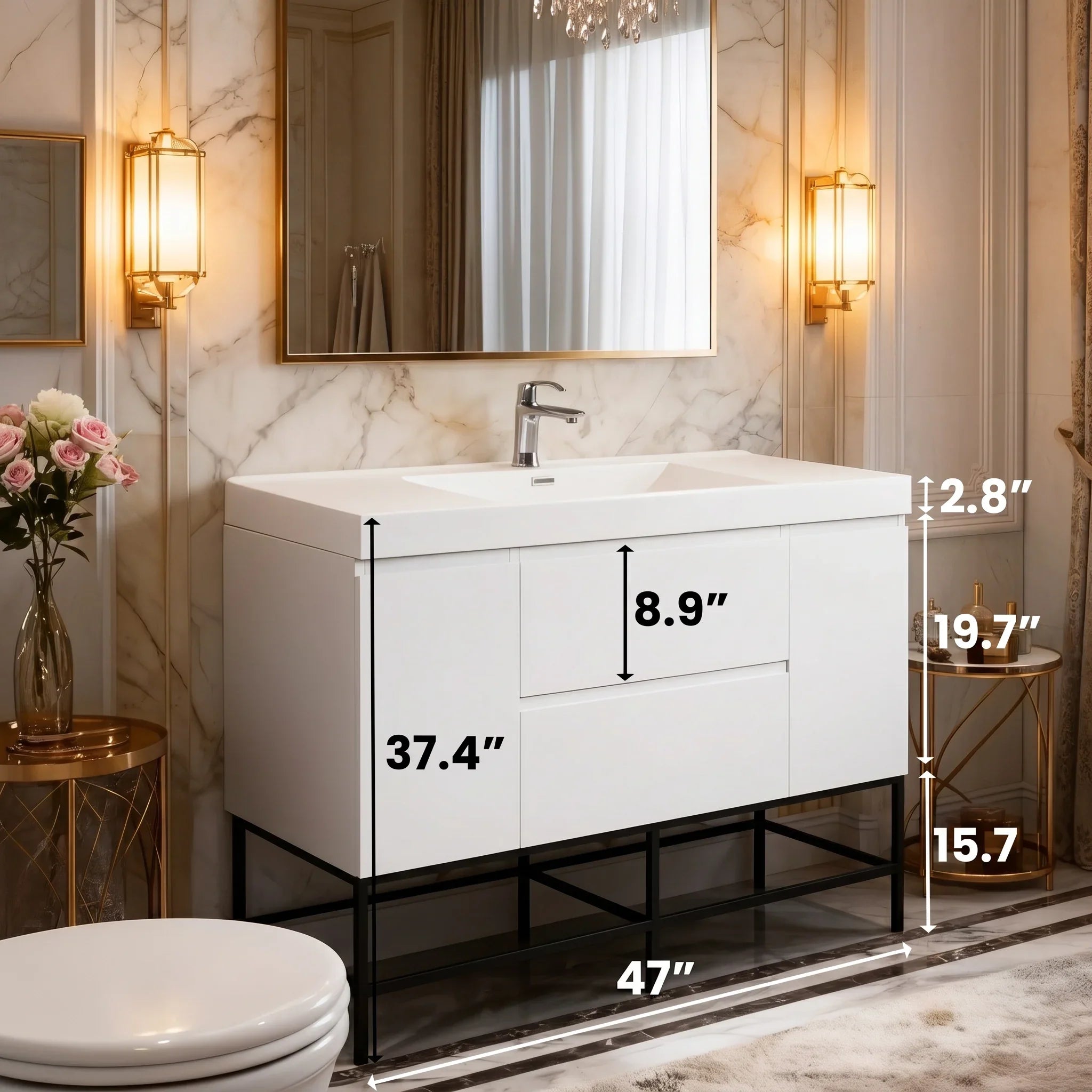 Meuble-Lavabo Mural 48po Blanc Brillant avec Comptoir de Polymarbre Blanc 