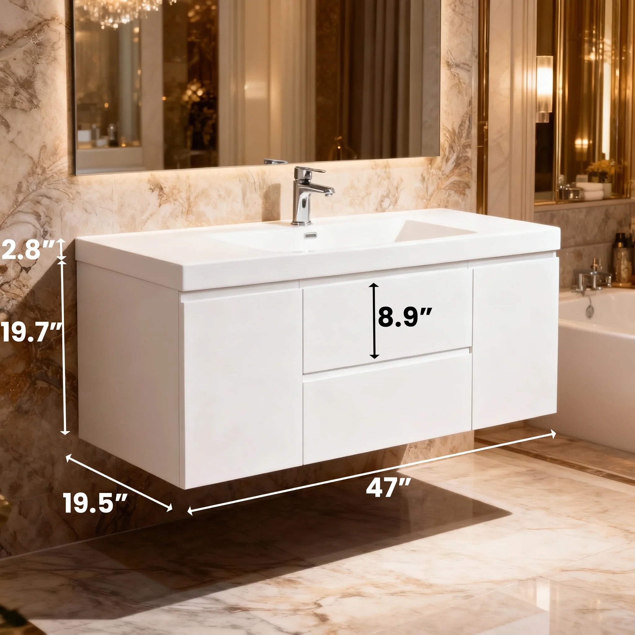 48" Glossy White Wall Mount Single Sink Bathroom Vanity with White Polymarble Countertop