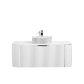 48" Matte White Wall Mount Single Sink Curved Fluted Bathroom Vanity with White Solid Surface Countertop and Basin