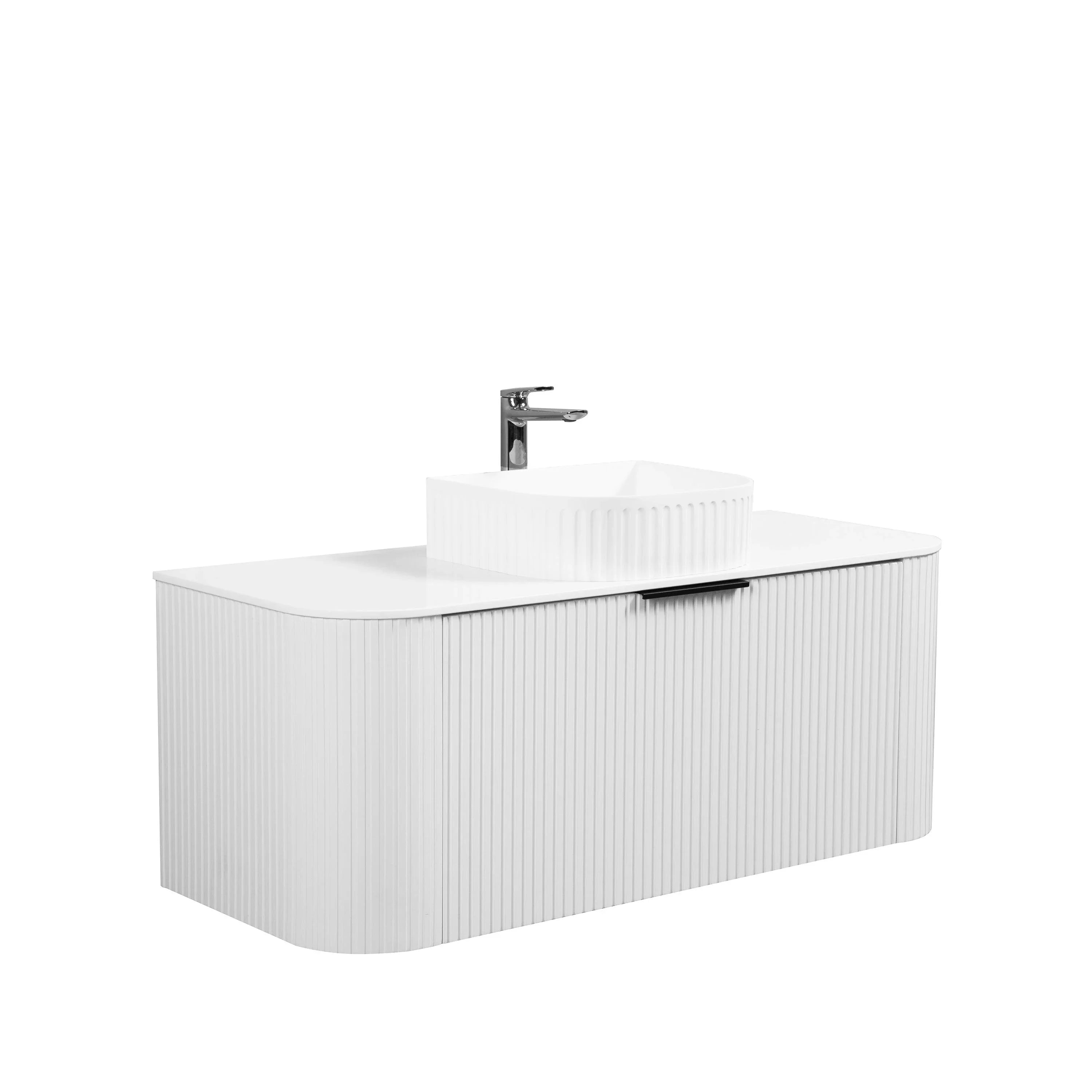 48" Matte White Wall-Mount Curved Fluted Single Sink Bathroom Vanity with Solid Surface Countertop