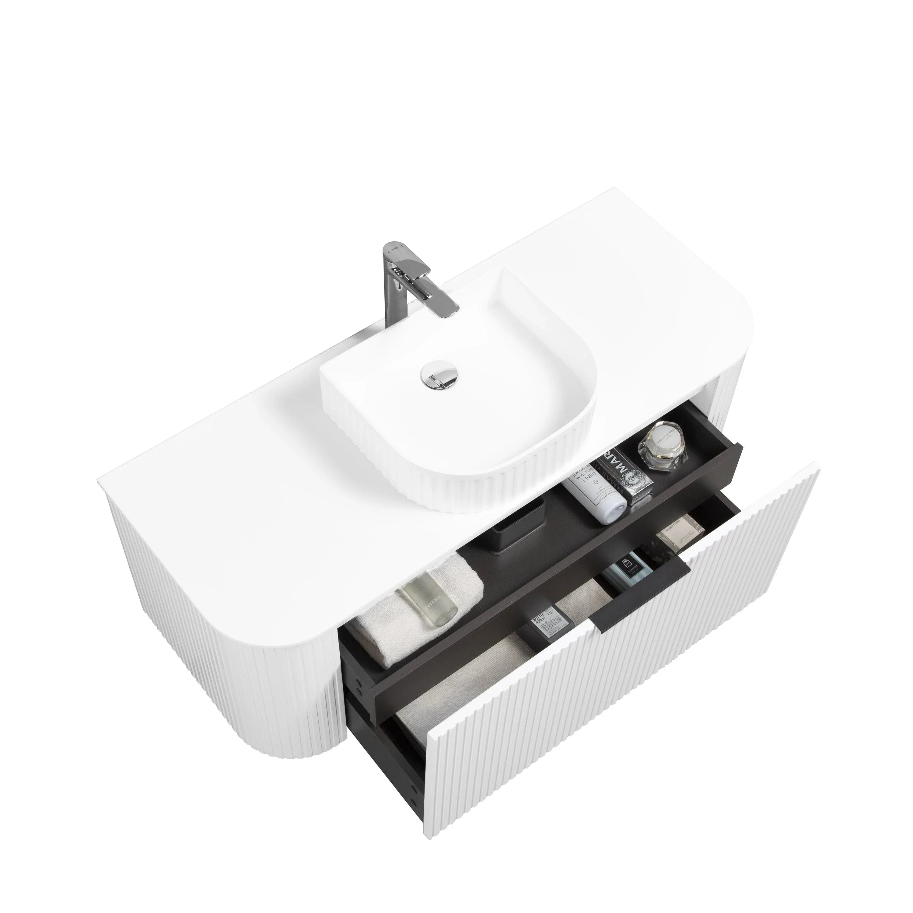 48" Matte White Wall-Mount Curved Fluted Single Sink Bathroom Vanity with Solid Surface Countertop