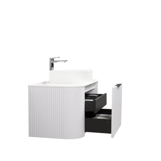 Meuble-Lavabo Mural 48po Blanc Mat Cannelé Incurvé avec Comptoir de Granit Blanc et Lavabo à Surface Solide